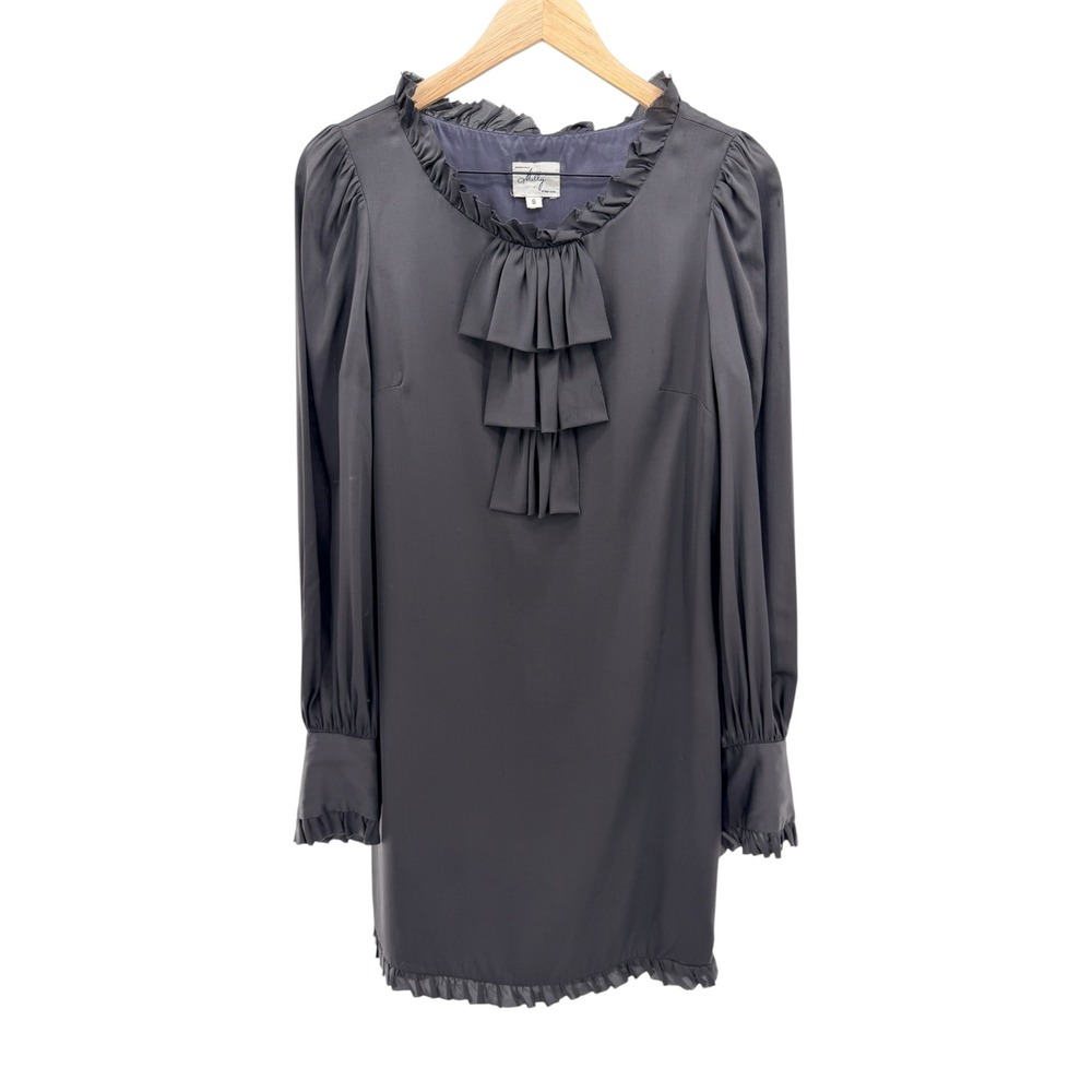 Milly of New York Black Silk Ruffle Dress 8 Gold Rose Button Side Slit Vintage